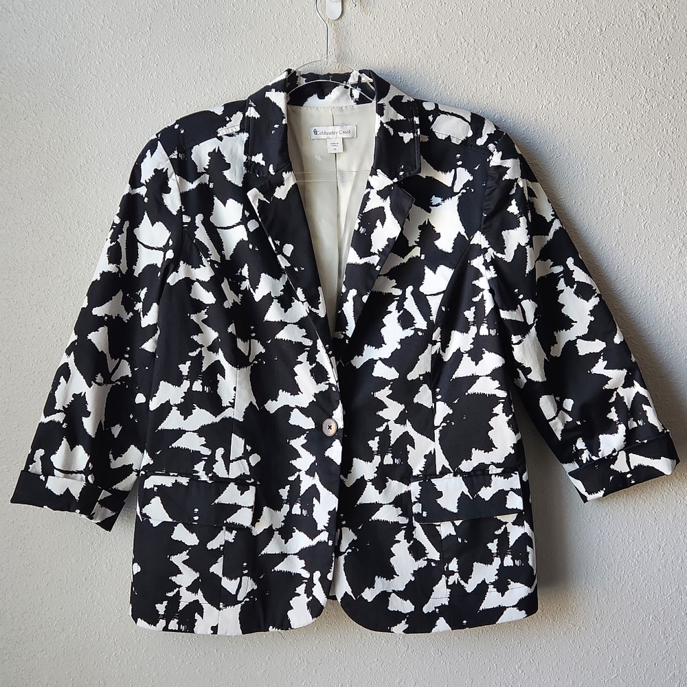 COLDWATER CREEK Black and White 3/4 Sleeve One-Button Blazer Jacket